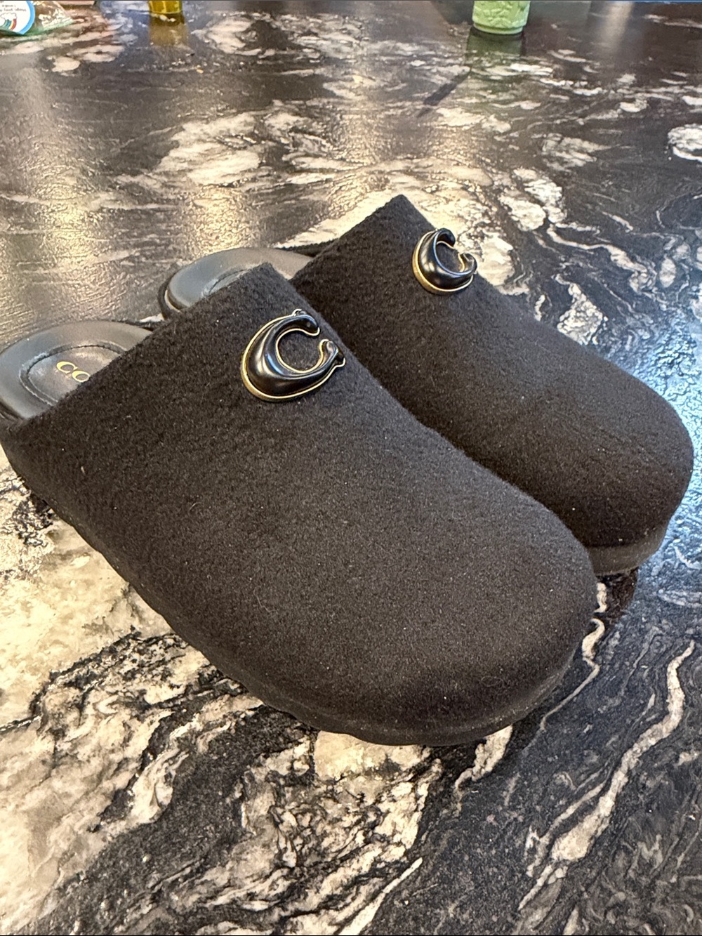 Coach Black Wool Clog Mules with 'C' Accent